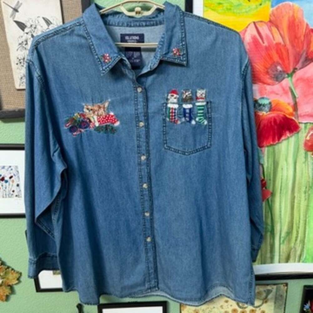 Solutions Shirt Womens Sz 3X Christmas Cat Denim Long Sleeve Button Down 90s